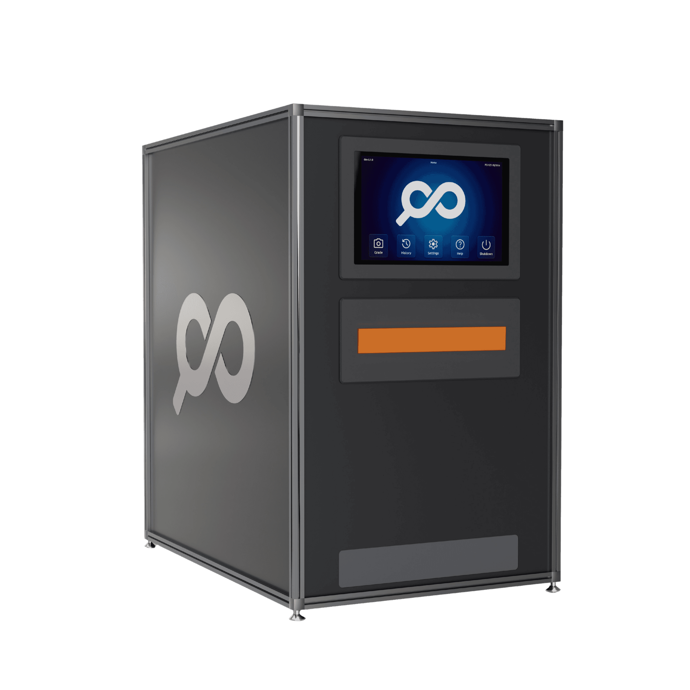 The Proofen automated grading machine, a desk-sized industrial unit with a touchscreen and entry slit