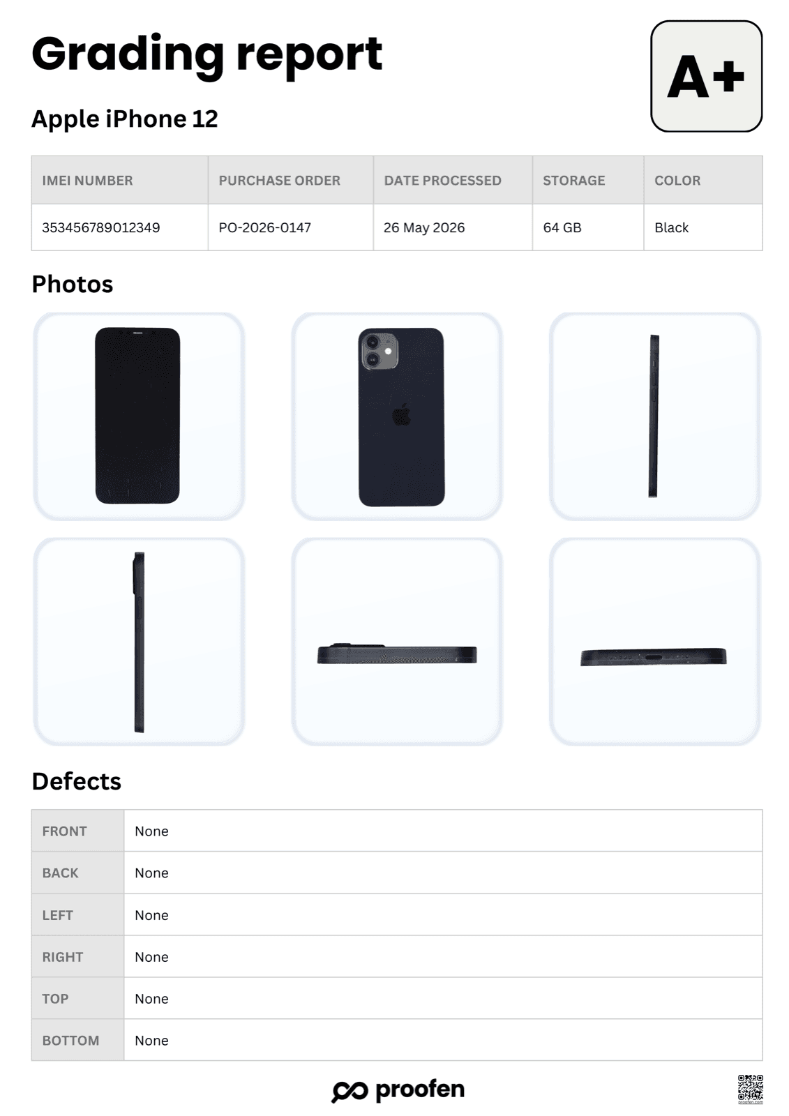 Sample Proofen grading report for an Apple iPhone 12, showing an A+ grade, device details, six inspection photos and per-side defect findings